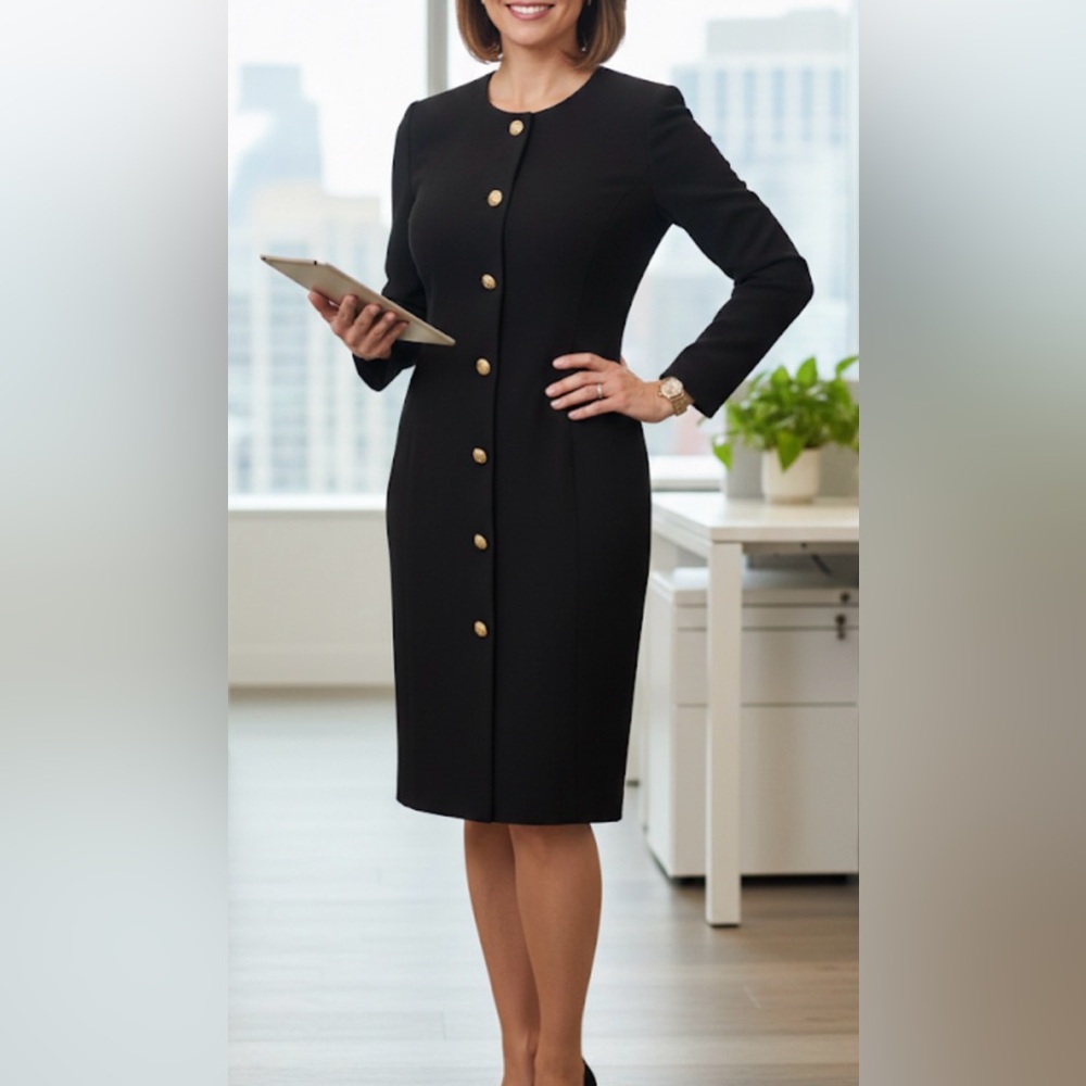 Ellen Tracy Button Down Black Wool Dress with Gold Accent Long Sleeve 90's Forma